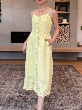 Wilfred 100% linen la boheme Yellow Eyelet Button-Front Midi Dress boho